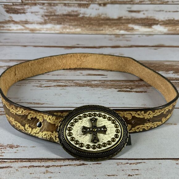 Vera Pelle Mens Leather Maltese Cross Belt Crystals Amber Buckle Italia 32” - Picture 1 of 5